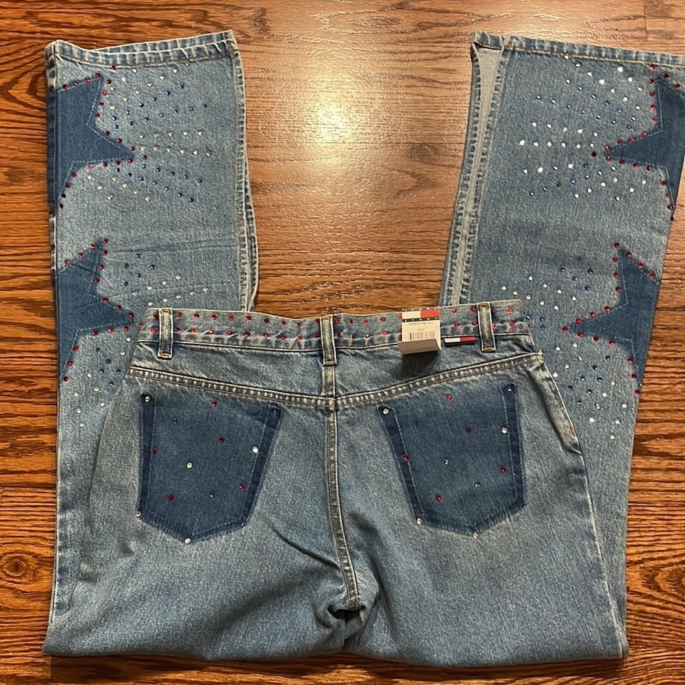 NWT TOMMY JEANS VINTAGE woman’s Star dazzle rhinestone flare  jeans high slits 9 - Picture 5 of 17